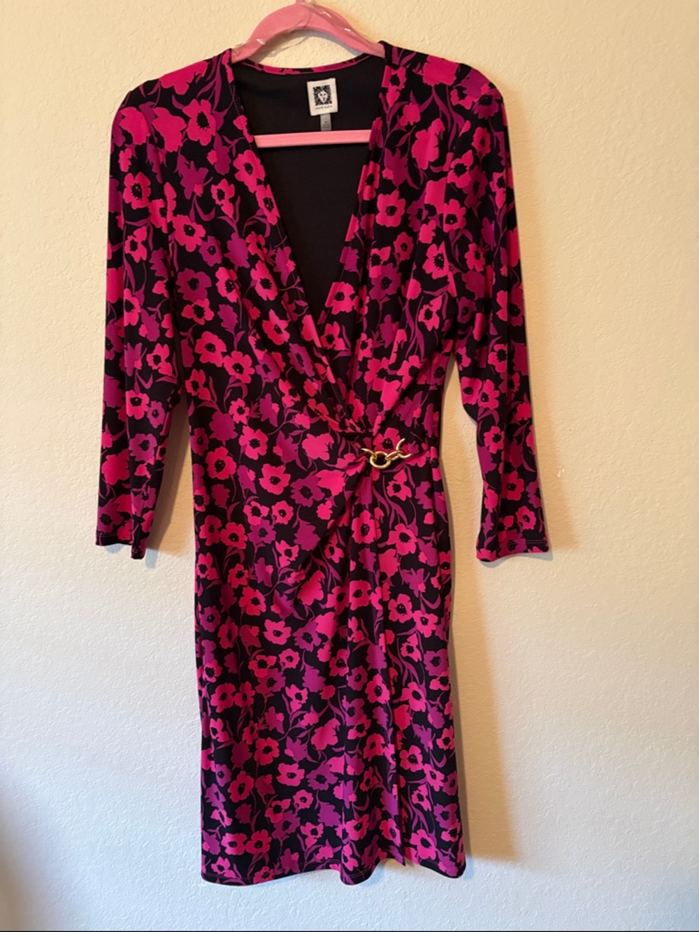 Anne Klein Magenta Floral Wrap Dress with Gold Buckle